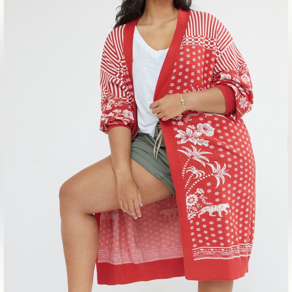 FARMRio for Anthropologie Long Red Jungle Sweater - Size 2XL